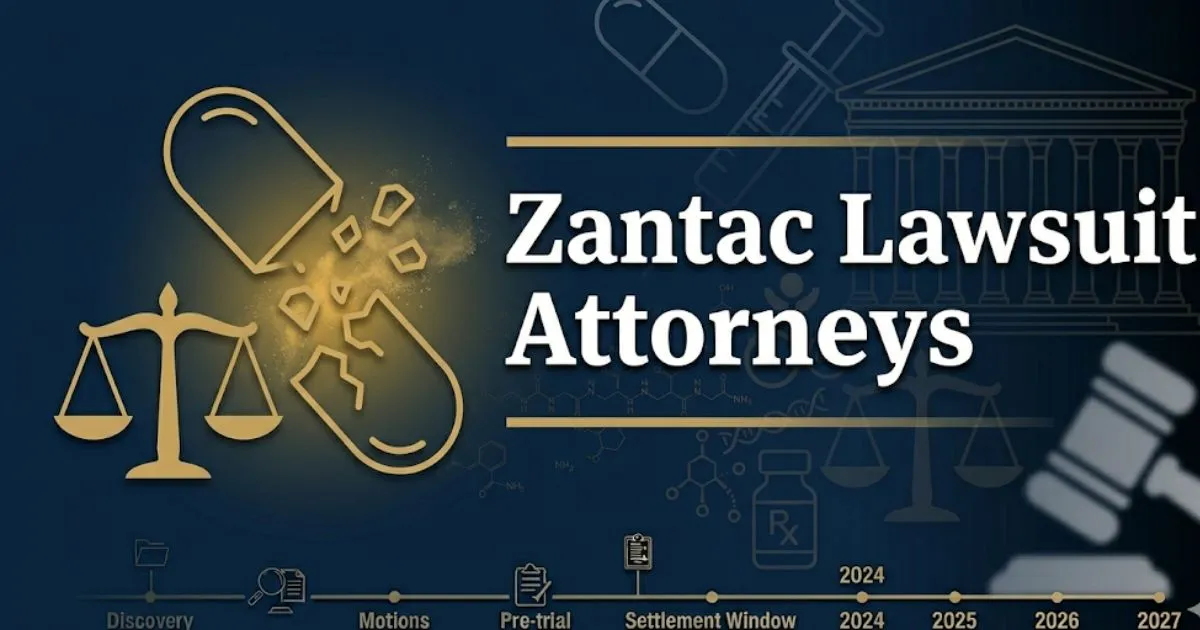 Zantac lawsuit attorneys 2026 guide with legal scales and pill icon on navy banner