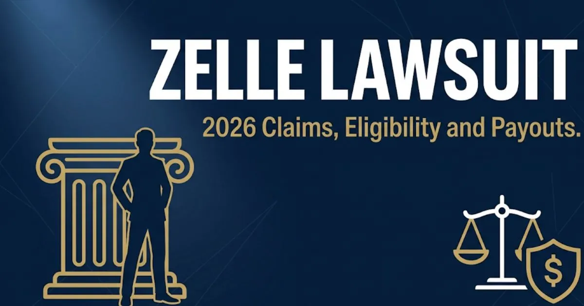 Zelle lawsuit 2026 blog banner showing courthouse silhouette, legal scales, and bold headline text on navy background