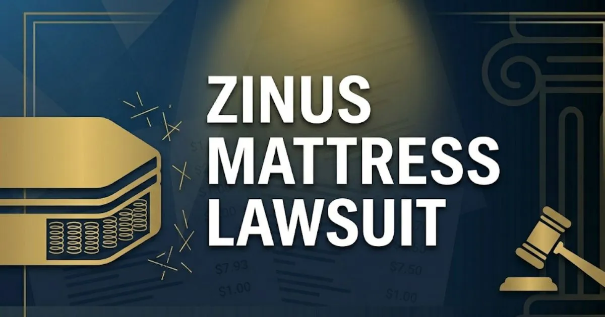 Zinus mattress lawsuit 2026 banner showing mattress silhouette and legal symbols on navy background