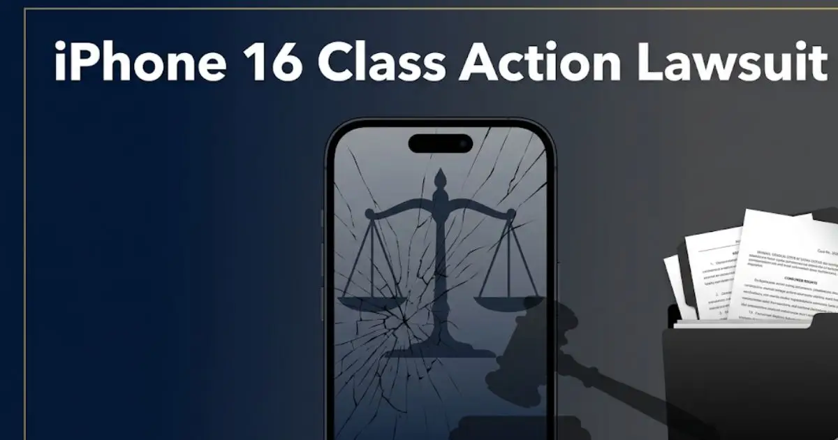 iPhone 16 class action lawsuit banner with smartphone silhouette and legal symbols on navy background