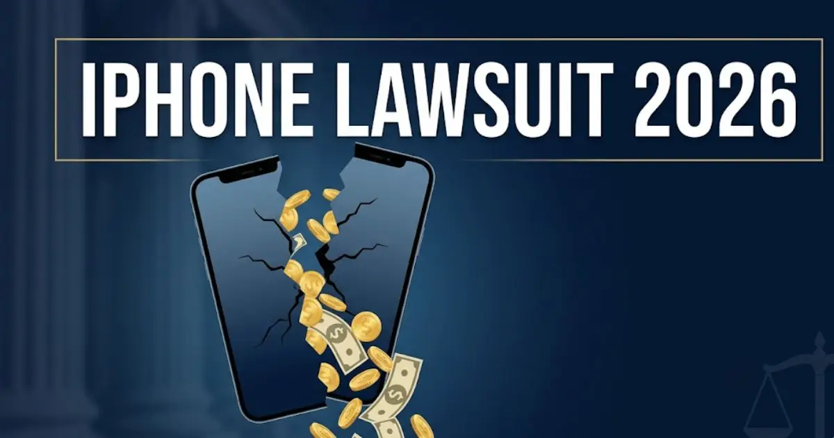 iPhone Lawsuit 2026 banner showing cracked iPhone with money and legal symbols on navy background
