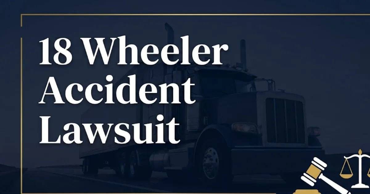 18 wheeler accident lawsuit 2026 guide banner with truck silhouette and legal symbols