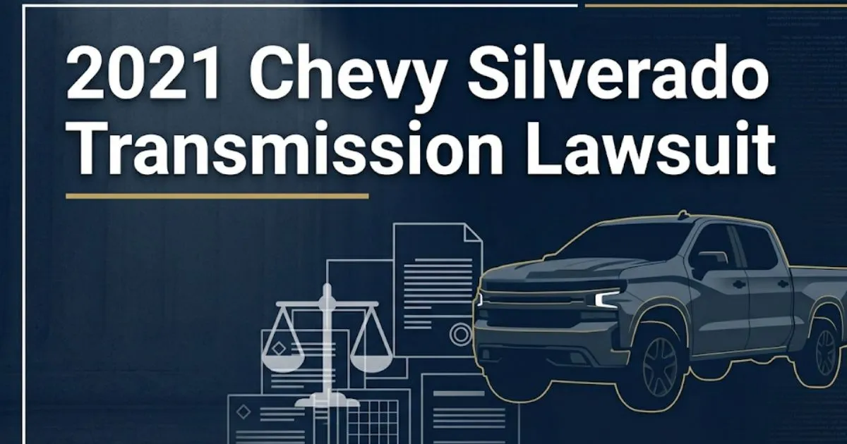 2021 Chevy Silverado transmission lawsuit 2026 guide banner showing truck silhouette and legal scale icons