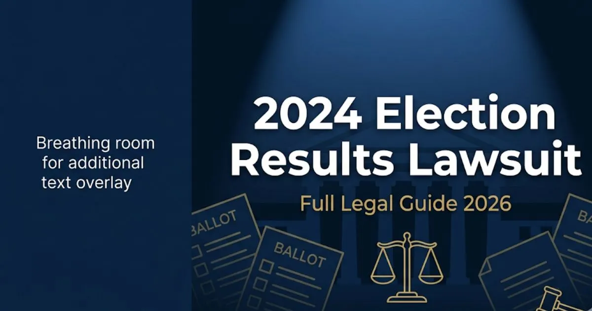 2024 election results lawsuit legal guide banner with courthouse silhouette, scales of justice, and ballot icons on navy background