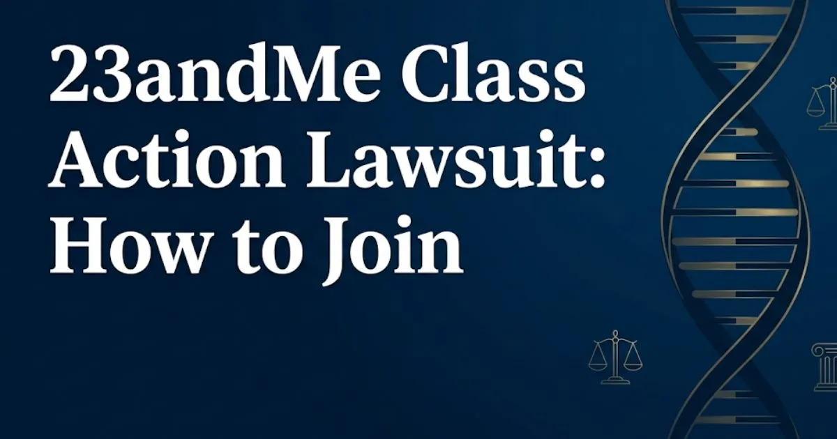 23andMe class action lawsuit how to join guide 2026 showing DNA helix and legal settlement information banner