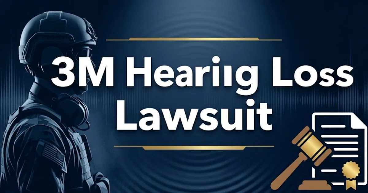3M hearing loss lawsuit 2026 settlement guide banner with military silhouette and legal gavel icons on navy background