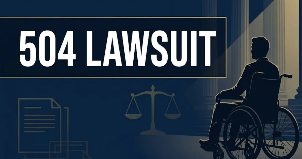 504 lawsuit legal rights guide banner showing courthouse silhouette and disability rights theme in navy and gold