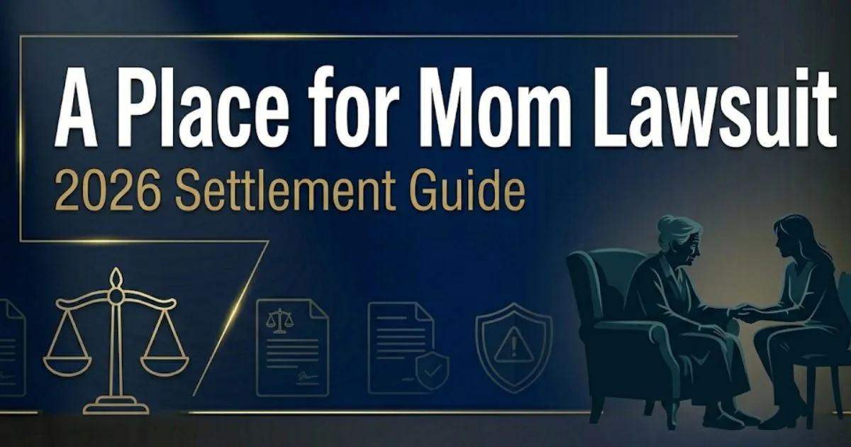 A Place for Mom lawsuit 2026 settlement guide banner with legal scales and elder care silhouettes on navy background