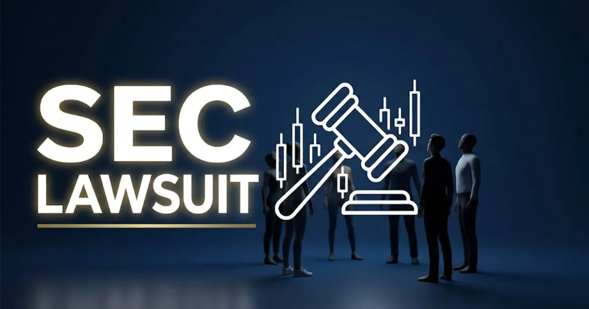 A banner showing the bold title SEC LAWSUIT with a gavel icon over a navy background, symbolizing 2026 securities litigation settlements for investors.