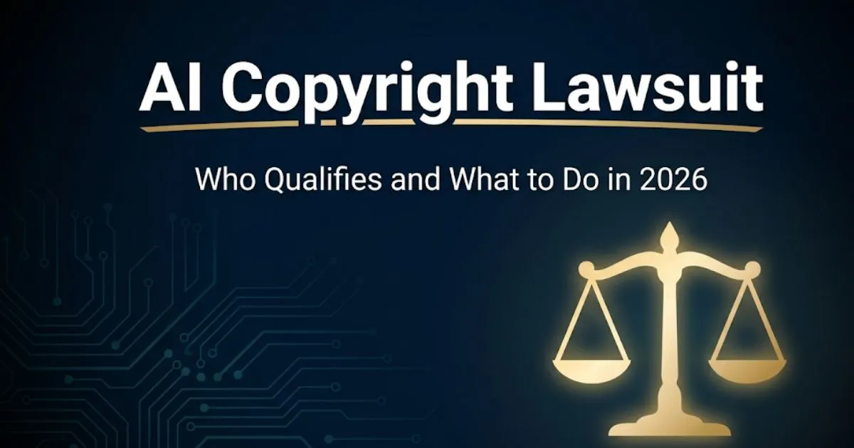 AI copyright lawsuit 2026 guide banner showing scales of justice and legal headline text on navy background