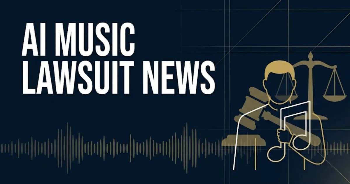 AI music lawsuit news 2026 legal banner with gavel and sound wave icons on dark navy background