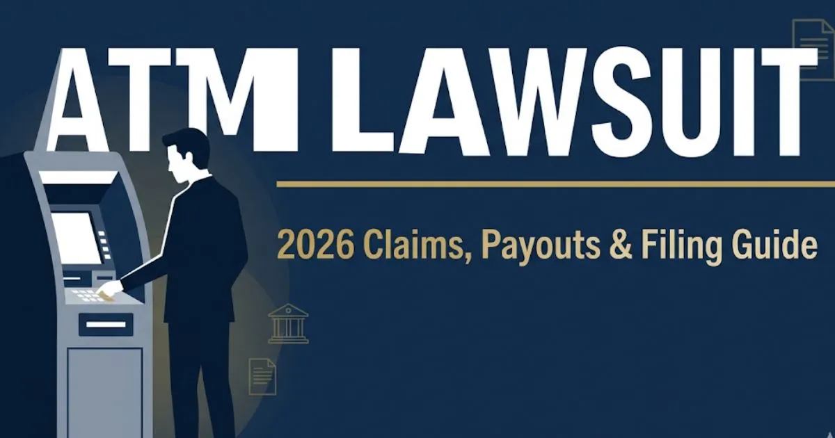 ATM lawsuit 2026 guide banner showing silhouette at ATM machine with bold headline text on navy background