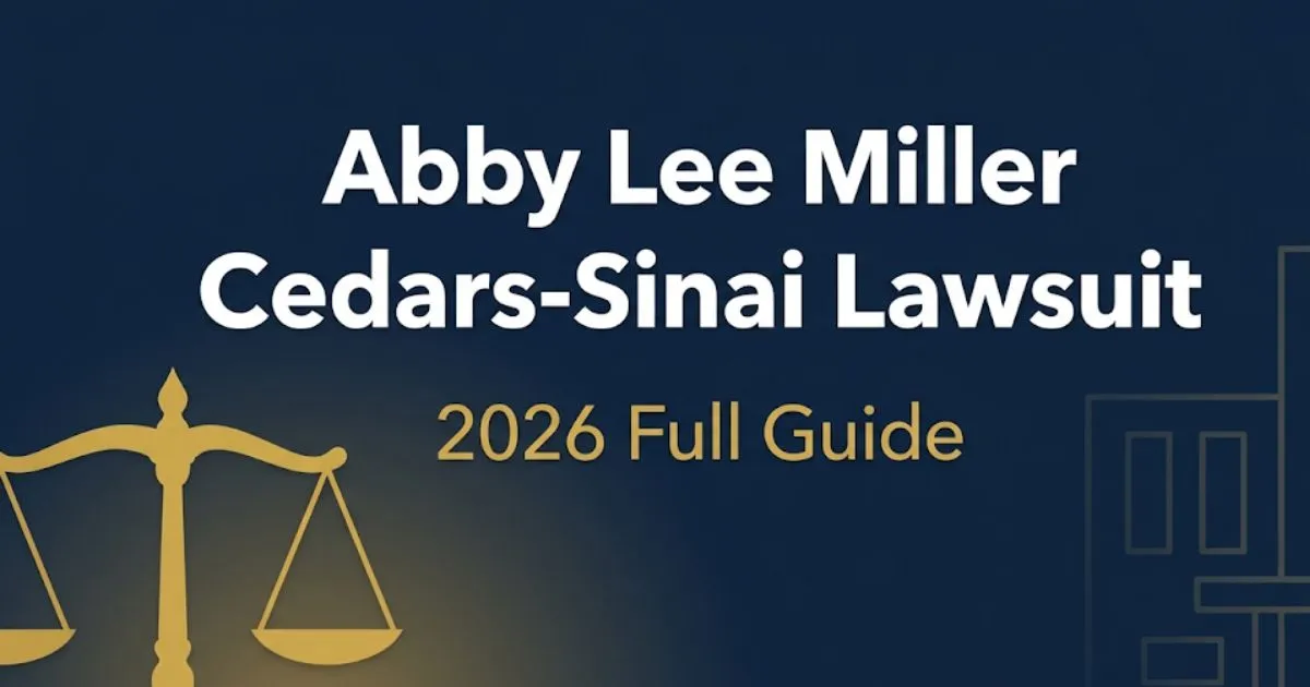 Abby Lee Miller Cedars-Sinai Lawsuit 2026 guide banner with legal scales and hospital silhouette on navy background