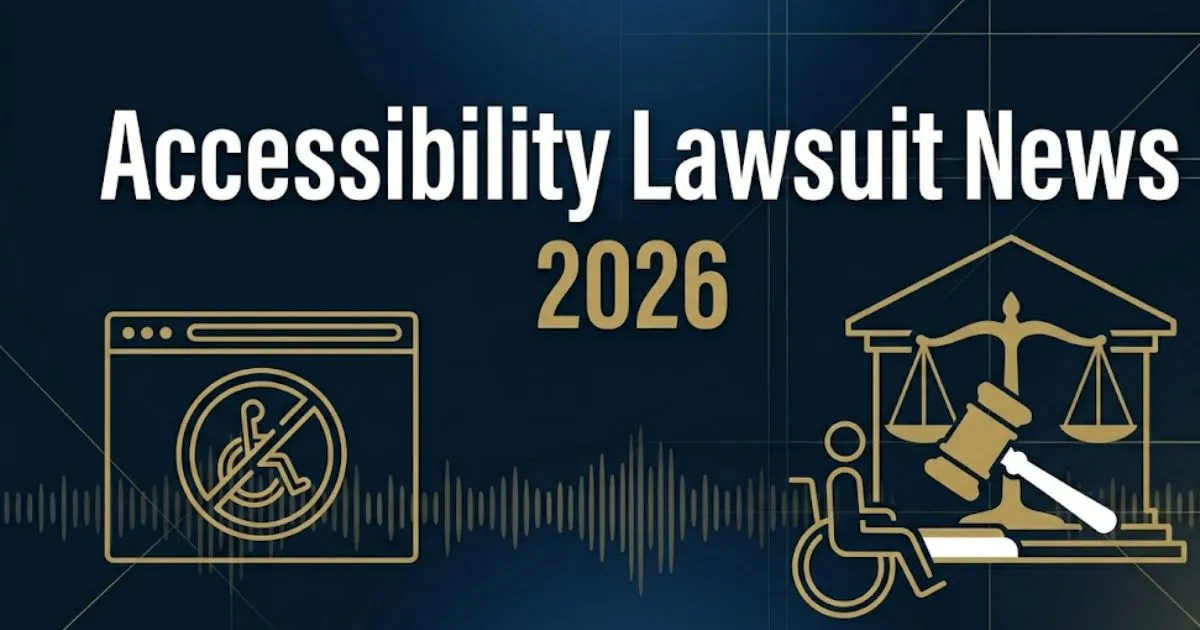 Accessibility lawsuit news 2026 banner showing courthouse silhouette, wheelchair icon, and legal gavel on navy background