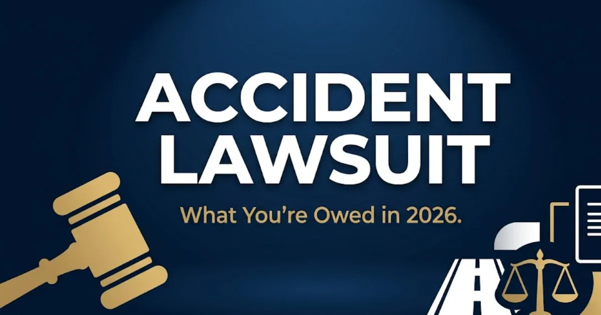 Accident lawsuit guide hero banner showing gavel and legal symbols with bold 2026 headline text