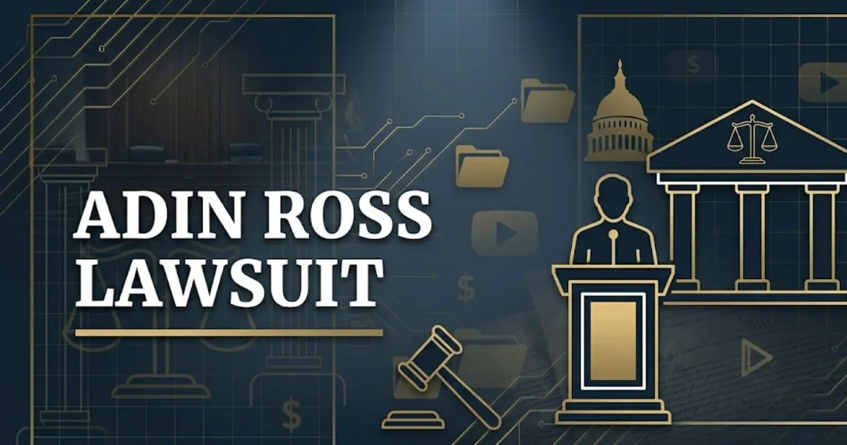 Adin Ross lawsuit 2026 editorial banner with legal scales and courthouse silhouette on navy background