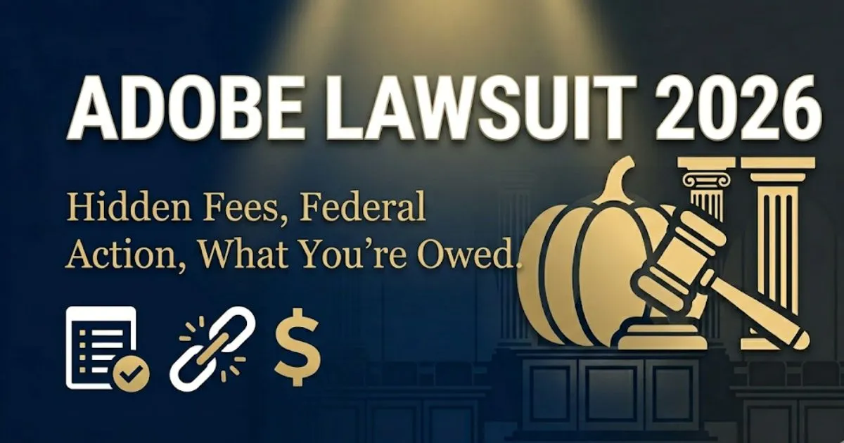 Adobe lawsuit 2026 blog banner showing courthouse silhouette and subscription icons on dark navy background