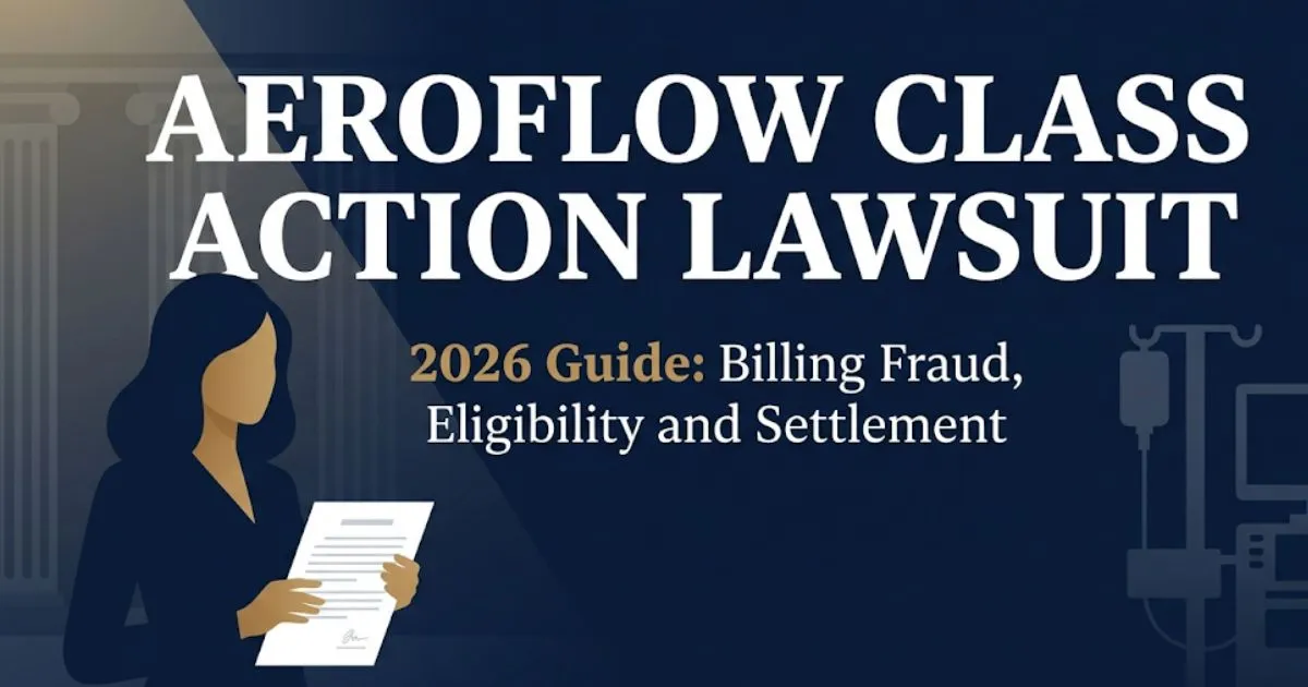 Aeroflow class action lawsuit 2026 guide banner showing legal symbols, medical equipment silhouettes, and billing fraud claim information.