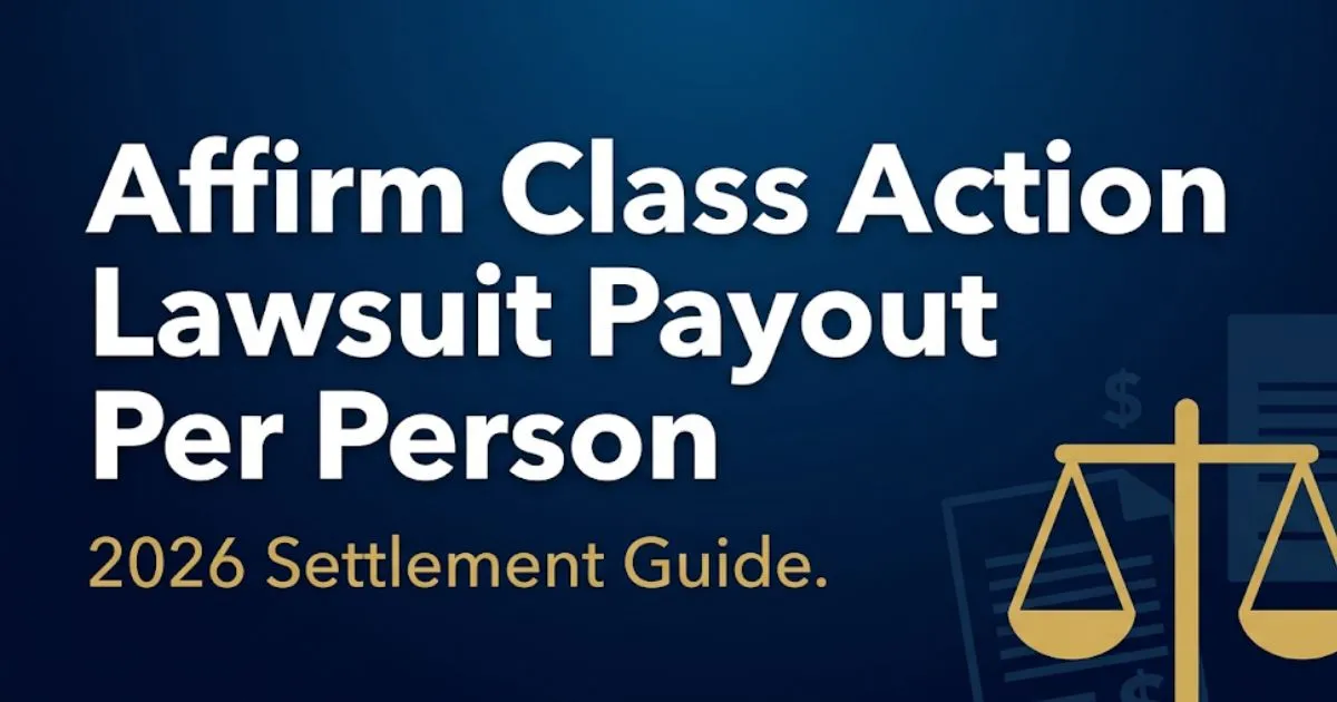 Affirm Class Action Lawsuit Payout Per Person 2026 settlement guide banner with legal scale icon on navy background