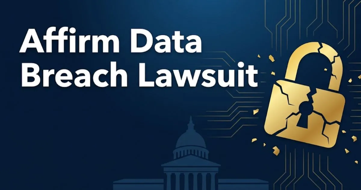 Affirm data breach lawsuit hero banner with broken padlock and bold text on navy background INPUT MAIN KEYWORD {{affirm data breach lawsuit}} CLUSTER KEYWORDS {{paste cluster keywords, separ