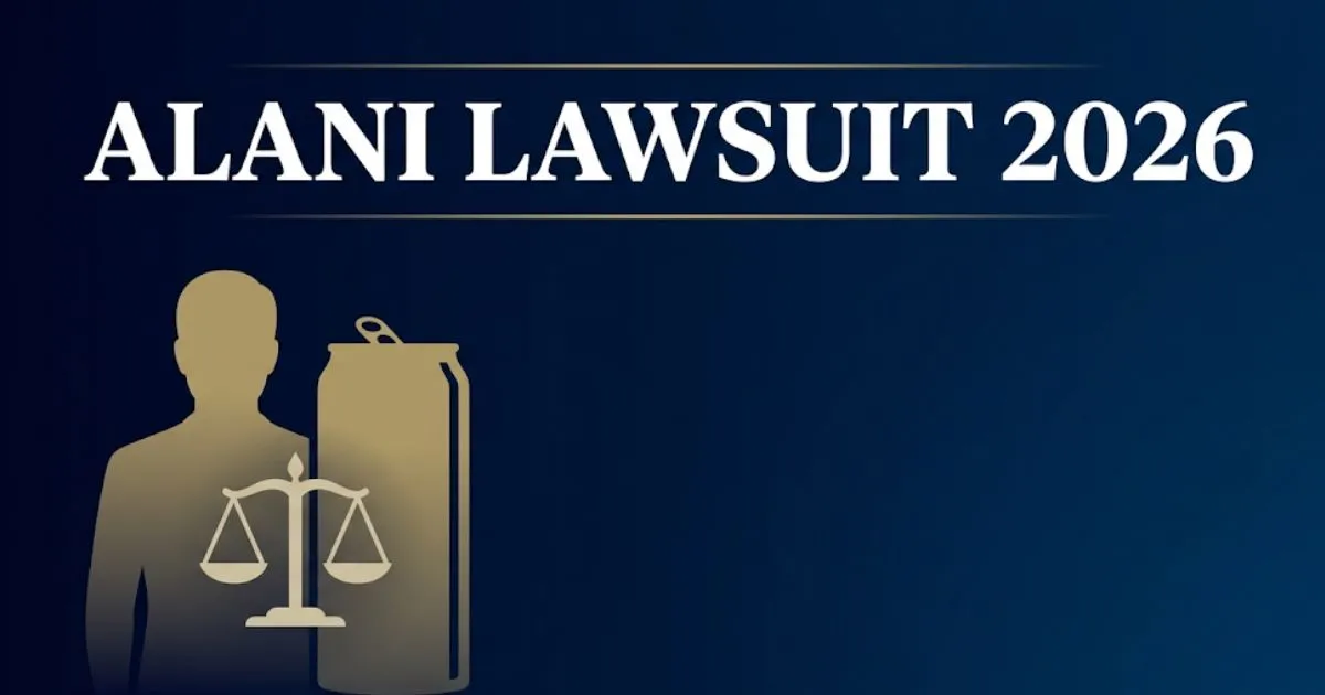 Alani lawsuit 2026 editorial banner with legal scales and energy drink silhouette on navy background