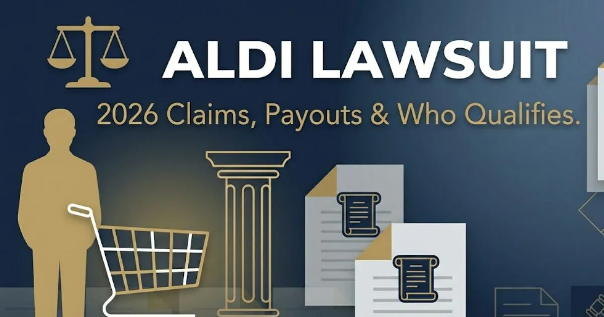 Aldi lawsuit 2026 banner showing legal scales, shopper silhouette, and bold headline text on navy background