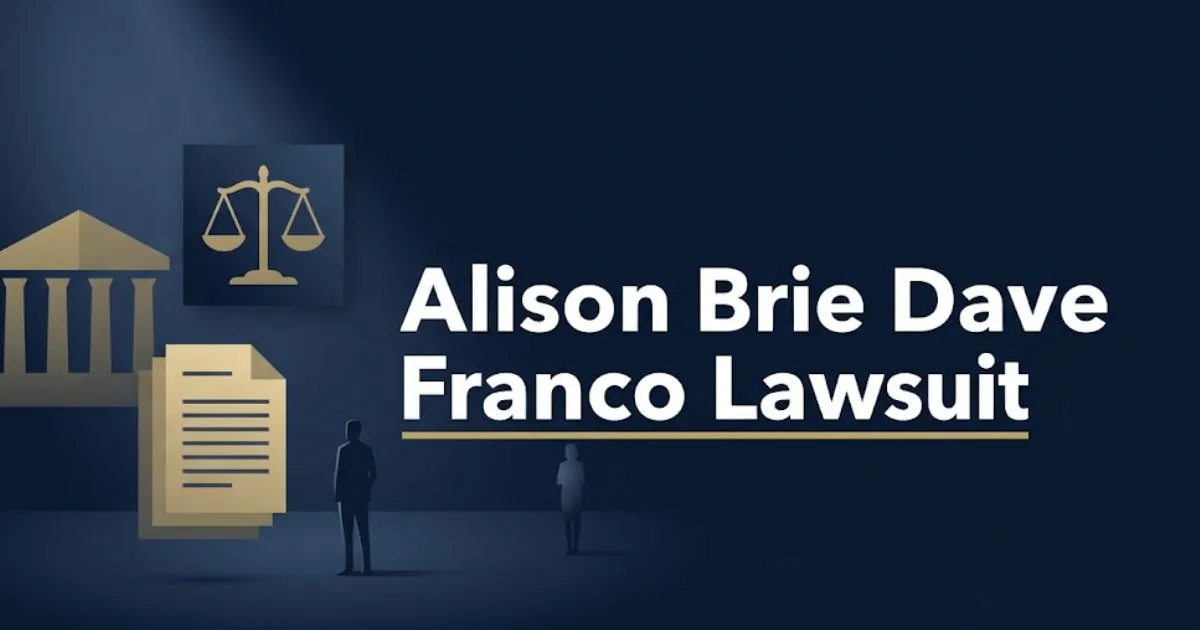 Alison Brie Dave Franco lawsuit 2026 legal update banner with courthouse scale icons on navy background