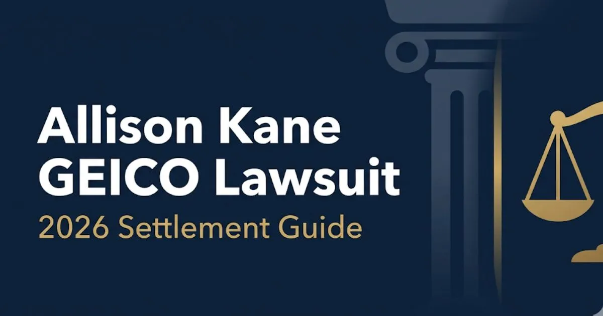 Allison Kane GEICO Lawsuit 2026 settlement guide banner with courthouse silhouette and legal scales on navy background