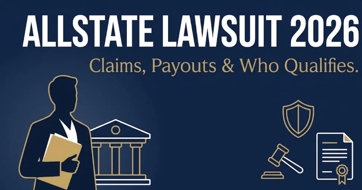 Allstate lawsuit 2026 hero banner showing courthouse icons, legal documents, gavel, and bold headline text on navy background