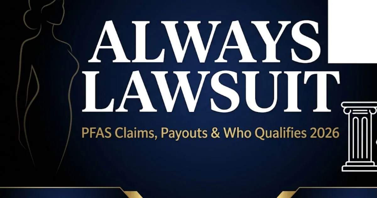 Always lawsuit 2026 PFAS claims settlement eligibility guide banner with legal icons and silhouette on navy background