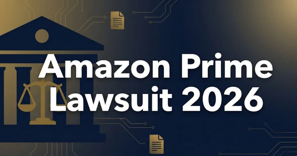 Amazon Prime Lawsuit 2026 hero banner with courthouse silhouette, legal scales icon, and bold headline text on navy background