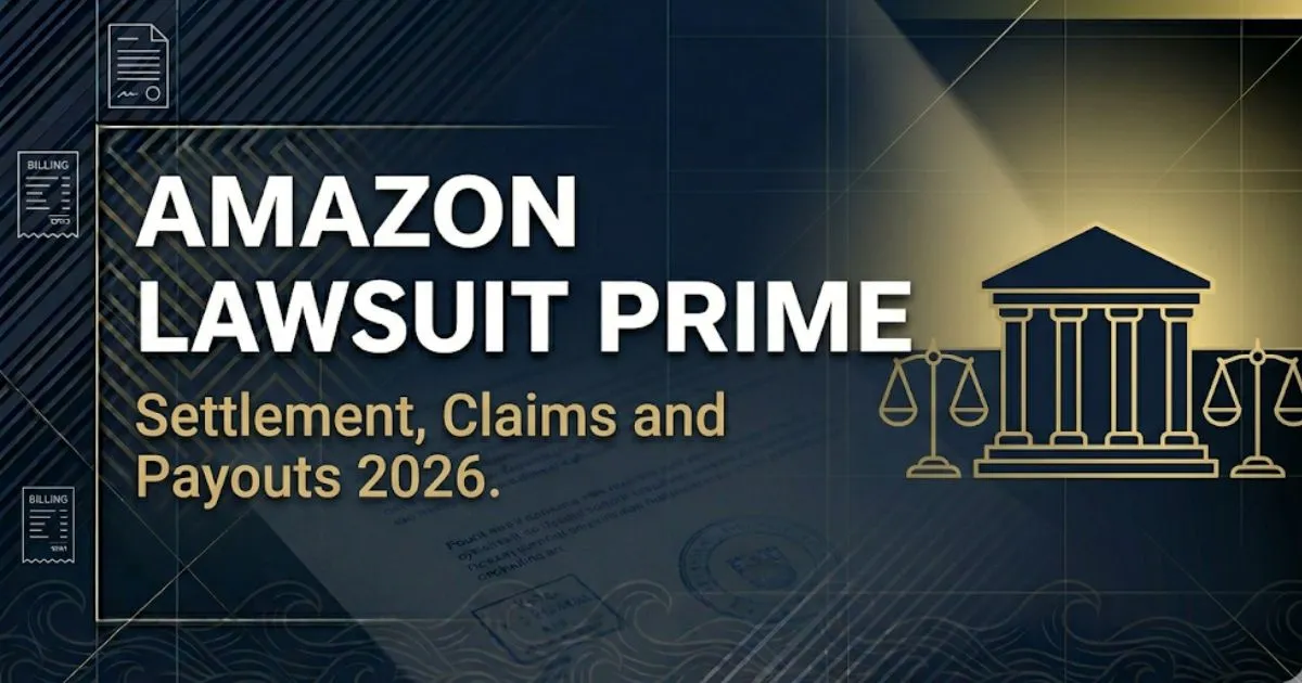Amazon lawsuit Prime 2026 settlement and payout guide blog banner with courthouse silhouette and legal scale icons