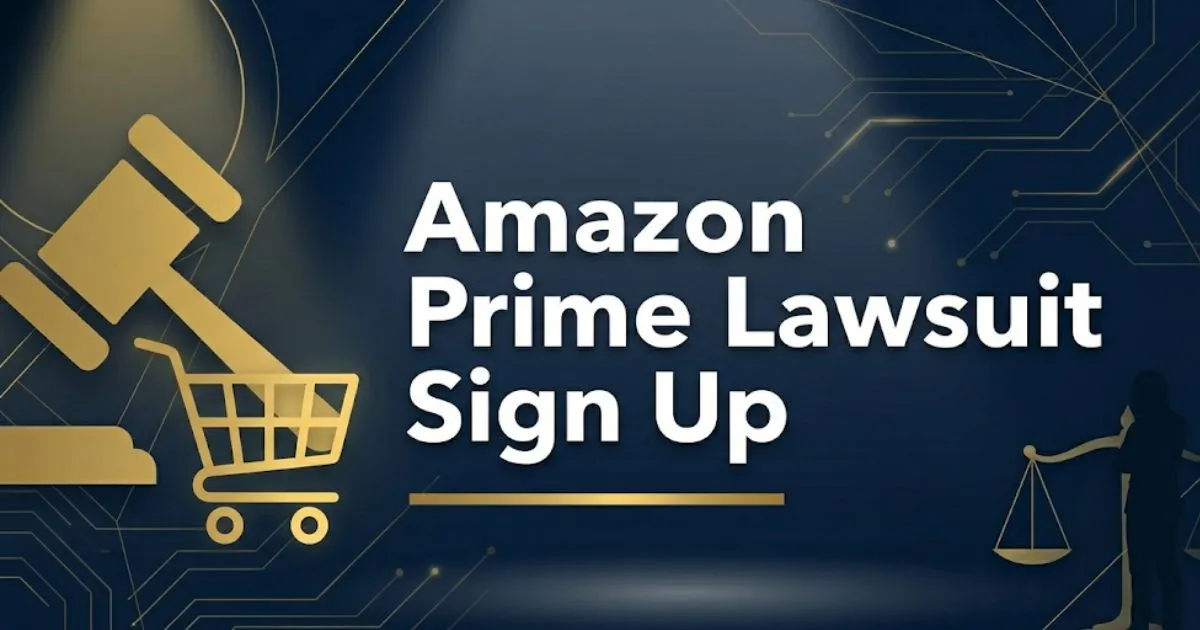 Amazon prime lawsuit sign up 2026 guide with gavel and shopping cart legal banner
