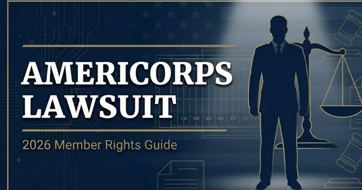 AmeriCorps lawsuit 2026 guide banner showing legal symbols and service member silhouette on deep navy background