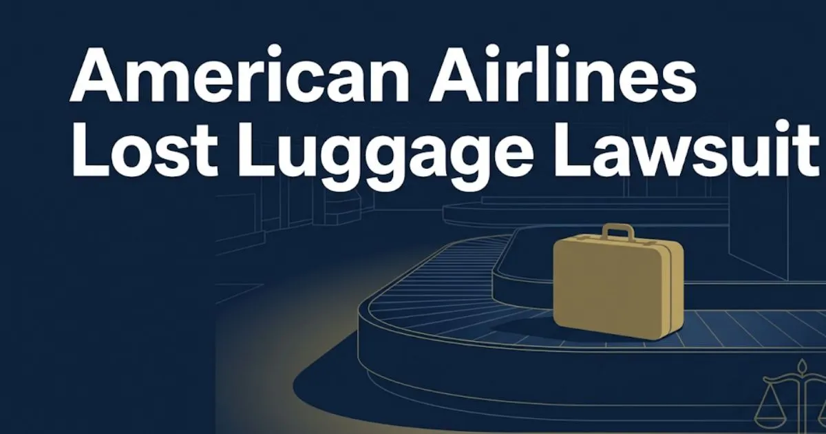 American Airlines lost luggage lawsuit 2026 guide banner with baggage carousel silhouette and legal scales icon