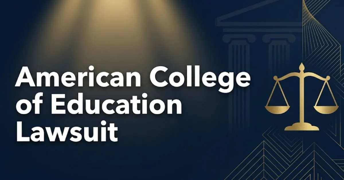 American College of Education Lawsuit 2026 guide banner with legal scale icon on navy blue background