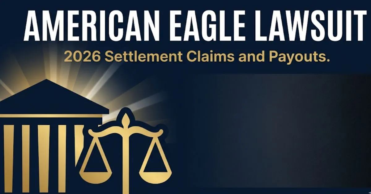 American Eagle lawsuit 2026 blog banner showing courthouse silhouette, scales of justice, and bold settlement text on navy background.
