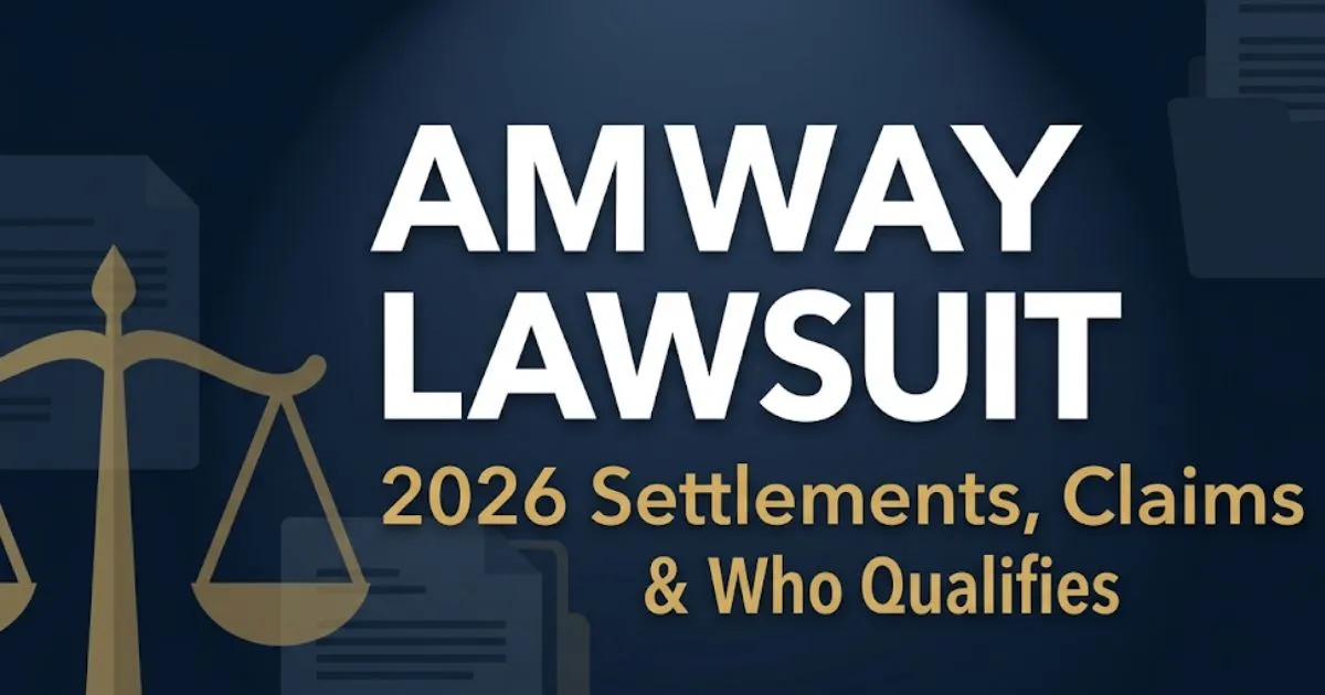 Amway lawsuit 2026 settlement guide banner with scales of justice and legal document icons on navy background