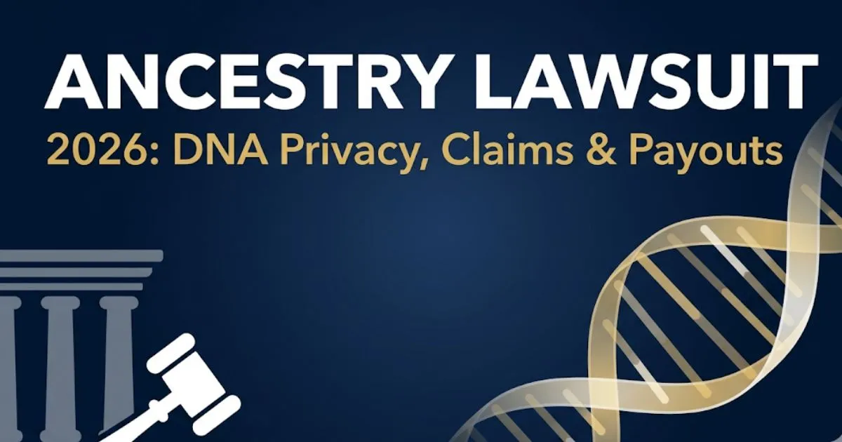 Ancestry lawsuit 2026 hero banner showing DNA helix and legal gavel icons on navy background with gold accents
