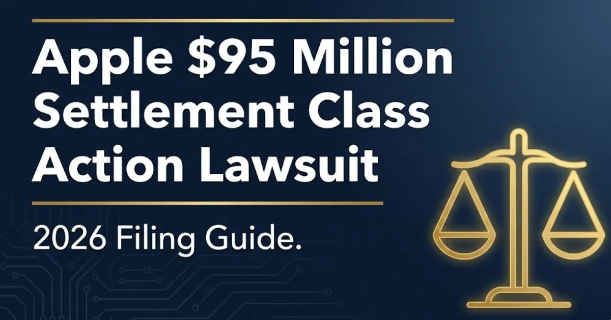 Apple $95 million settlement class action lawsuit 2026 filing guide banner with legal scale icon on navy background