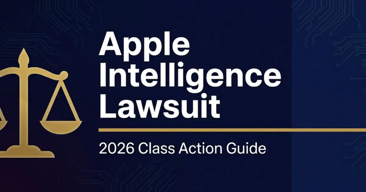 Apple Intelligence Lawsuit 2026 class action guide banner with legal scale icon and bold headline text