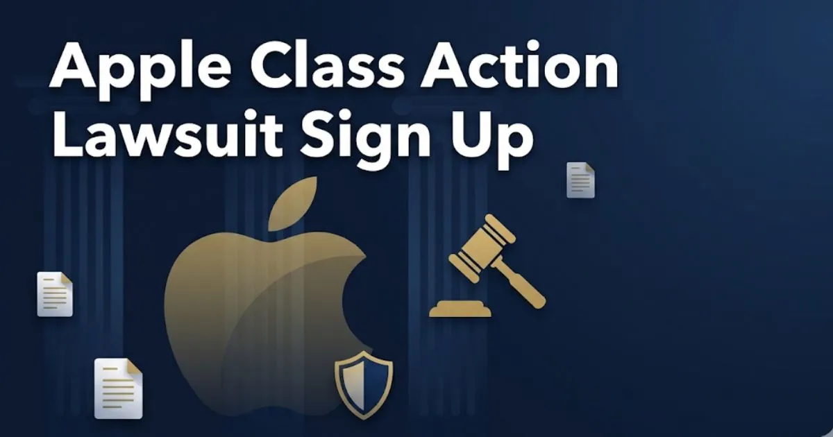 Apple class action lawsuit sign up 2026 guide banner with gavel and legal document icons on navy background