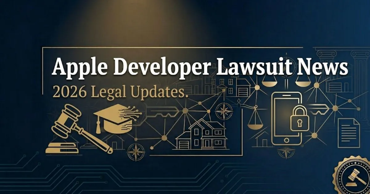 Apple developer lawsuit news 2026 editorial banner showing scales of justice and smartphone silhouette on navy background