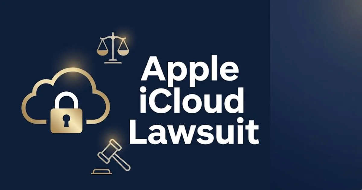 Apple iCloud lawsuit 2026 blog banner with legal symbols and cloud storage icon on navy background