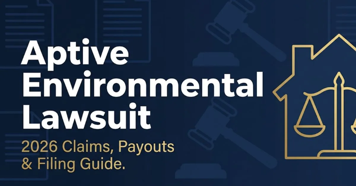 Aptive Environmental lawsuit 2026 banner showing legal scales and house silhouette with claim filing guide headline