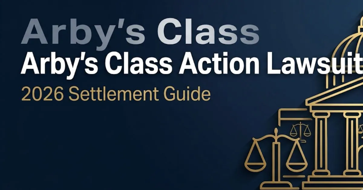 Arby's class action lawsuit 2026 settlement guide banner with courthouse silhouette and legal scale iconsArby's class action lawsuit 2026 settlement guide banner with courthouse silhouette and leg