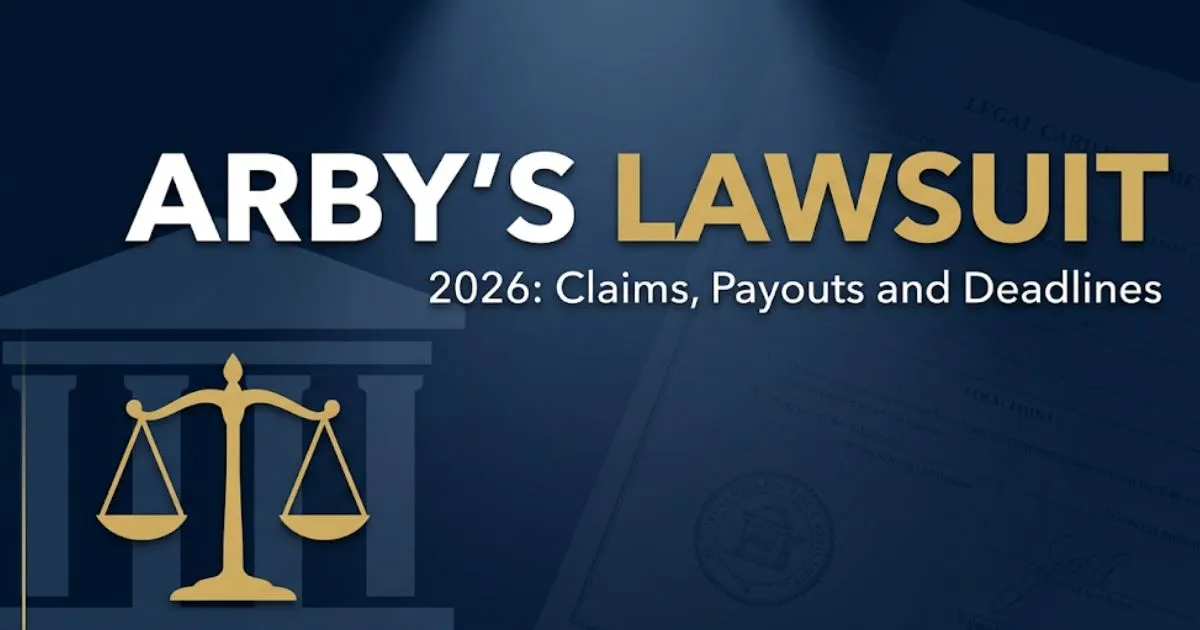 Arby's lawsuit 2026 hero banner showing courthouse silhouette, scales of justice, and bold legal claim headline text.