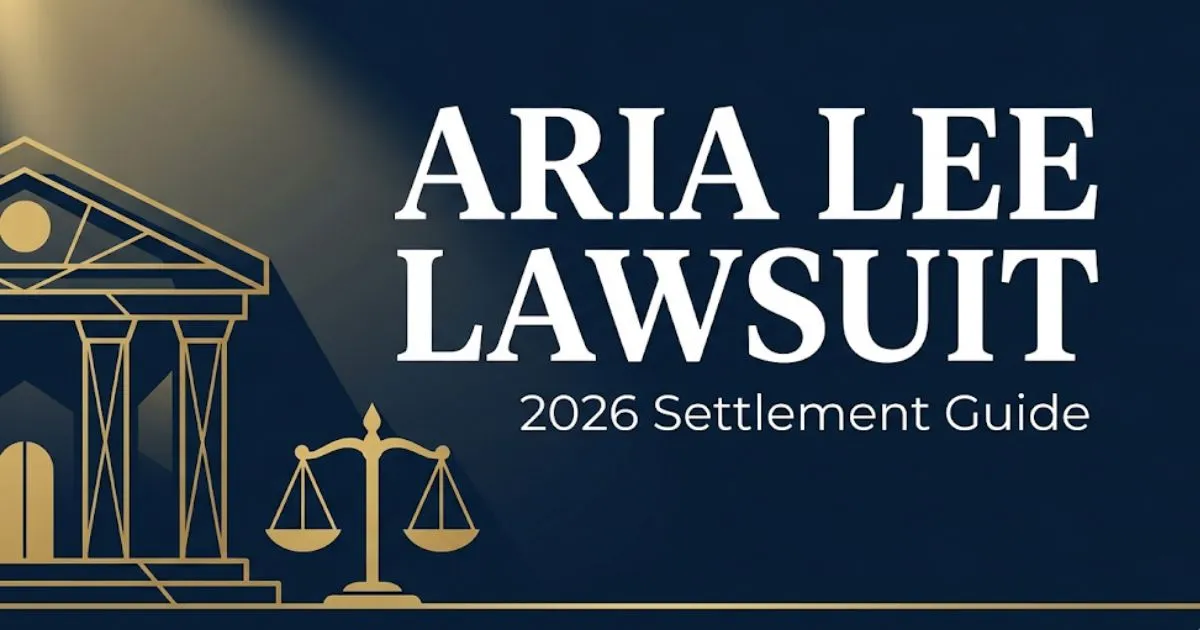 Aria Lee Lawsuit 2026 settlement guide banner with courthouse silhouette and legal scale icons on navy background