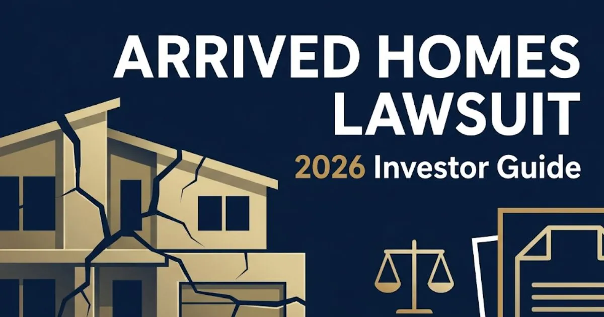 Arrived homes lawsuit 2026 investor guide banner with legal symbols, fractured home silhouette, and navy gold design
