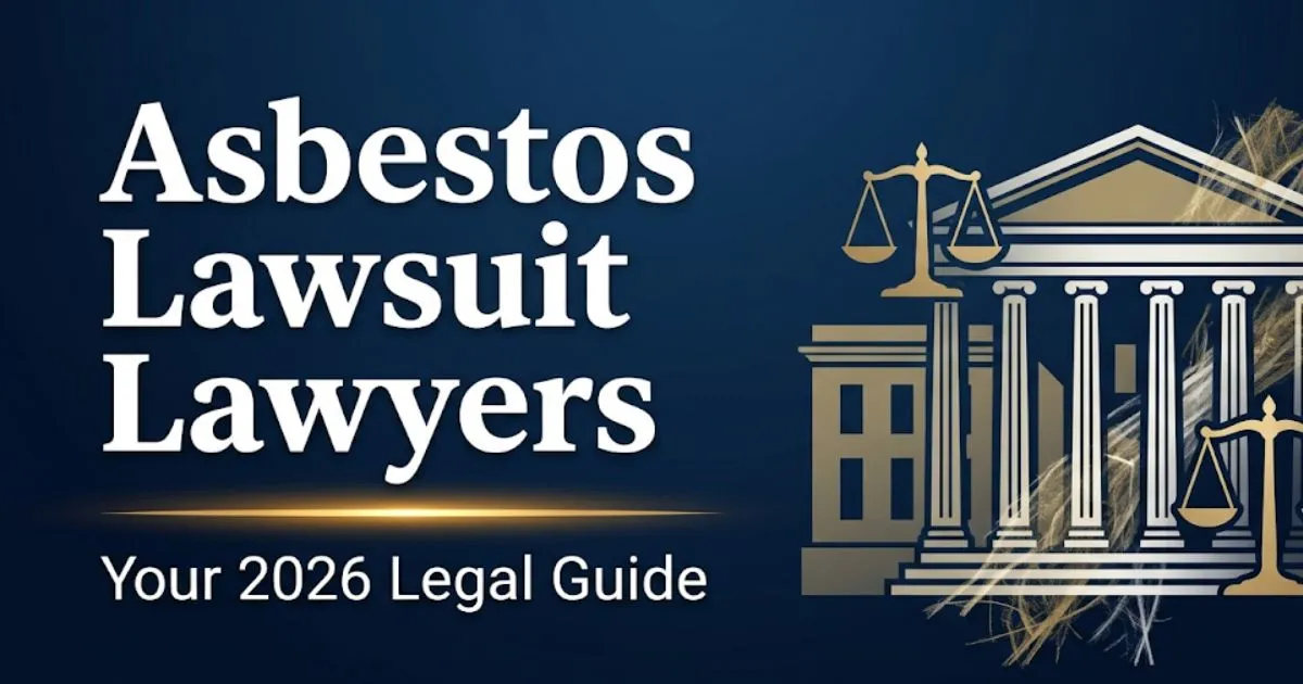 Asbestos lawsuit lawyers 2026 legal guide hero banner with courthouse silhouette and scales of justice on navy background